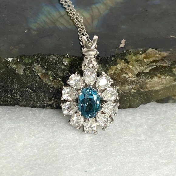 Sterling Silver 925 Thailand Oval Blue Topaz CZ Halo Pendant Necklace 18" Chain - Picture 4 of 16